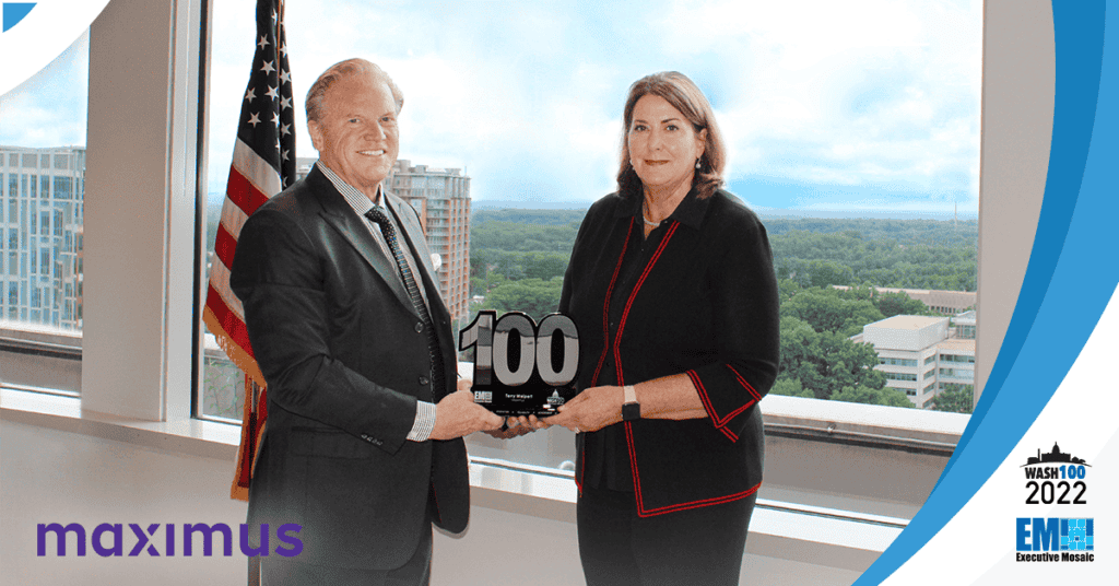 Executive Mosaic CEO Jim Garrettson Presents 2022 Wash100 Award to Maximus Federal President Teresa Weipert