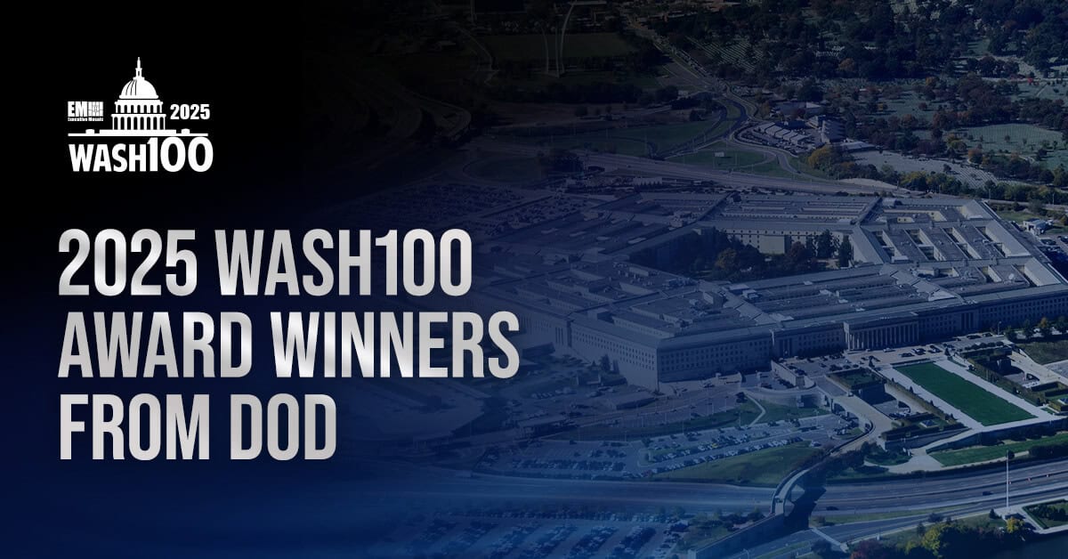 A graphic including the Pentagon that welcomes readers to learn more about 2025 Wash100 Award winners from DOD