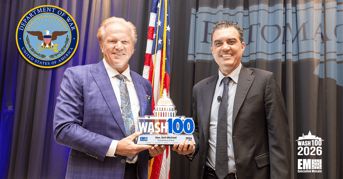 Garrettson & Michael. DOW CTO Emil Michael receives the 2026 Wash100 Award from EM CEO Jim Garrettson.