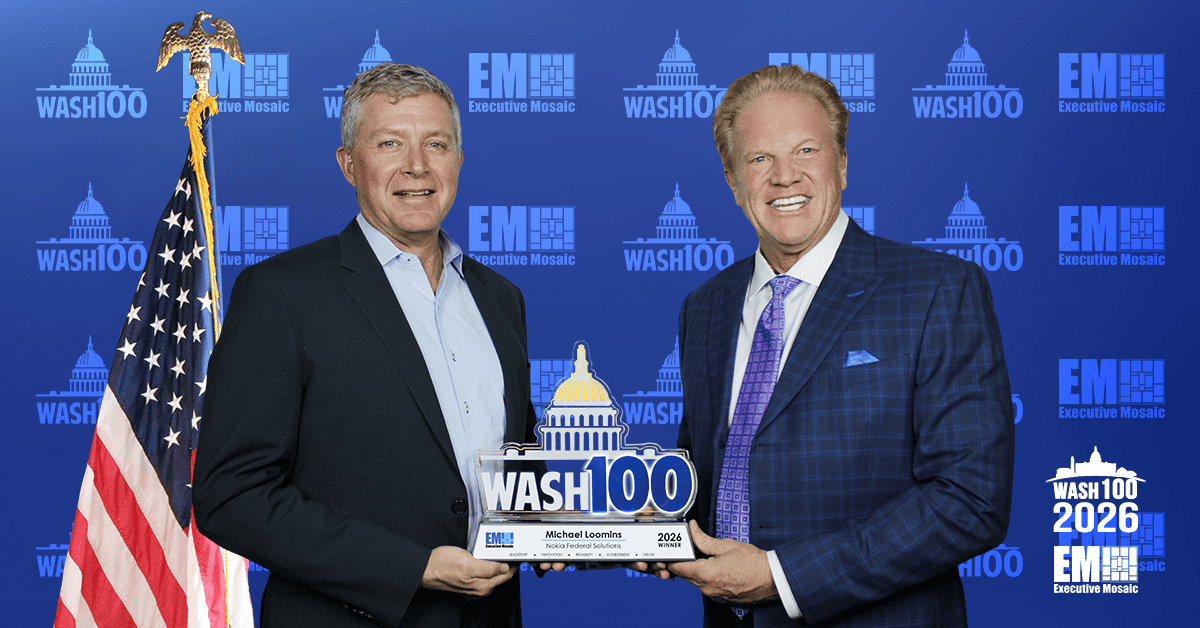 Mike Loomis and Jim Garrettson. EM CEO Jim Garrettson presented the 2026 Wash100 Award to Nokia Federal Solutions CEO Mike Loomis.