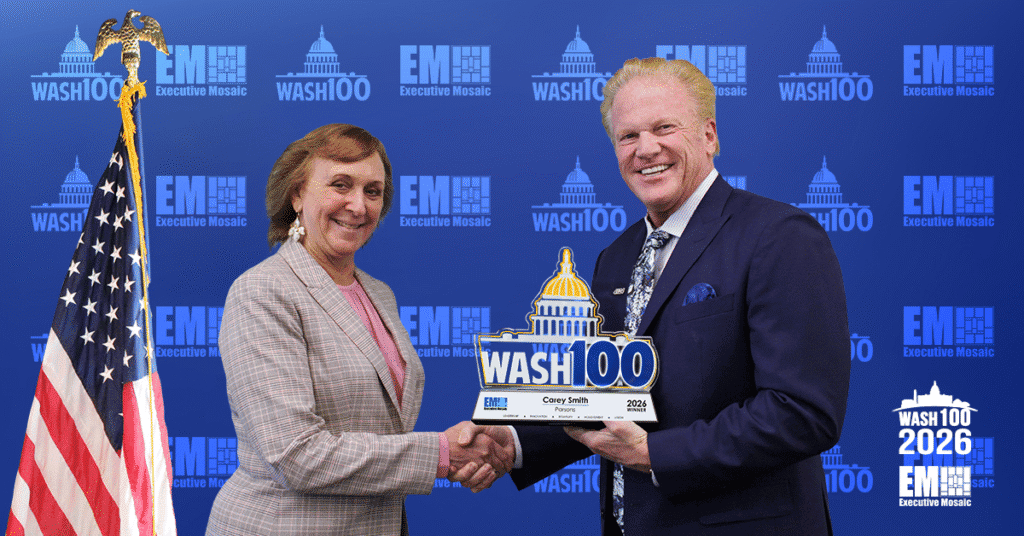 Carey Smith and Jim Garrettson. The Parsons CEO received her eighth Wash100 Award from the Executive Mosaic CEO.