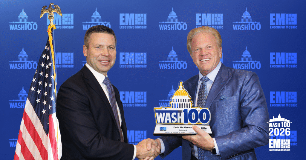 Kevin McAleenan & Jim Garrettson. EM CEO Jim Garrettson presented the 2026 Wash100 Award to BigBear.ai CEO Kevin McAleenan.