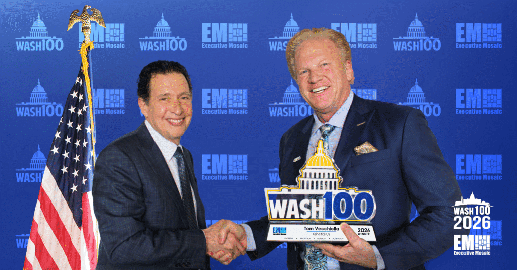 Tom Vecchiolla & Jim Garrettson. QinetiQ US CEO Tom Vecchiolla accepted the 2026 Wash100 Award from EM CEO Jim Garrettson.