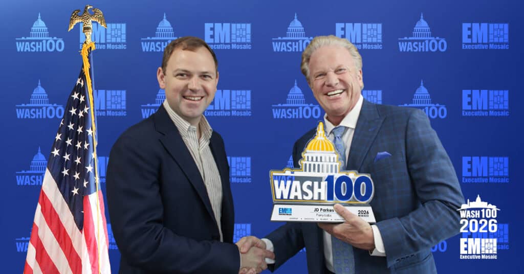 JD Parkes & Jim Garrettson. Parry Labs CEO JD Parkes receives the 2026 Wash100 Award from Jim Garrettson of Executive Mosaic.