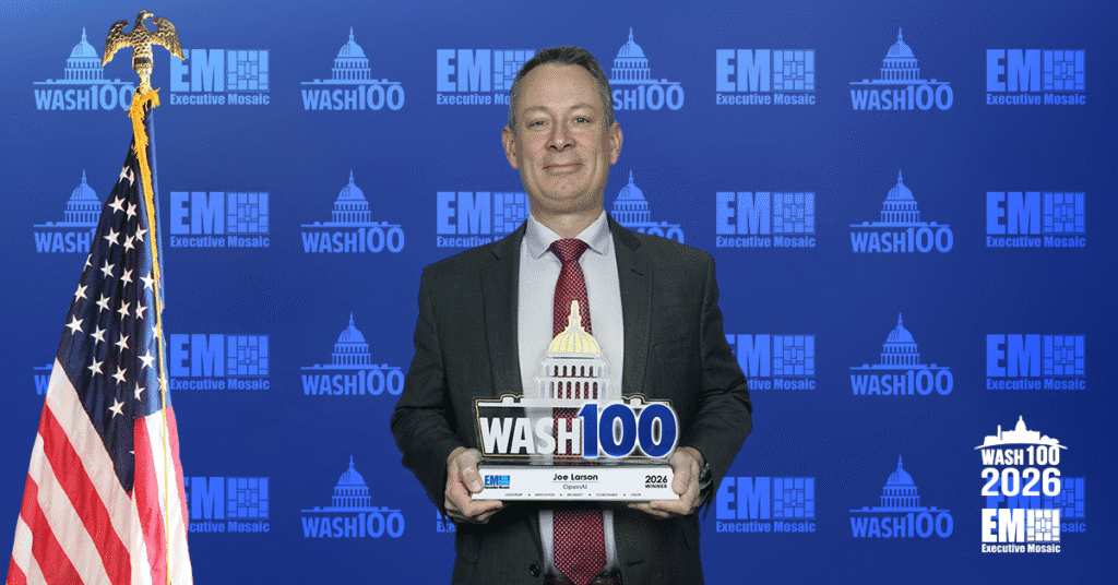 Joseph Larson, vice president and head of government at OpenAI, accepts the 2026 Wash100 Award from Executive Mosaic.