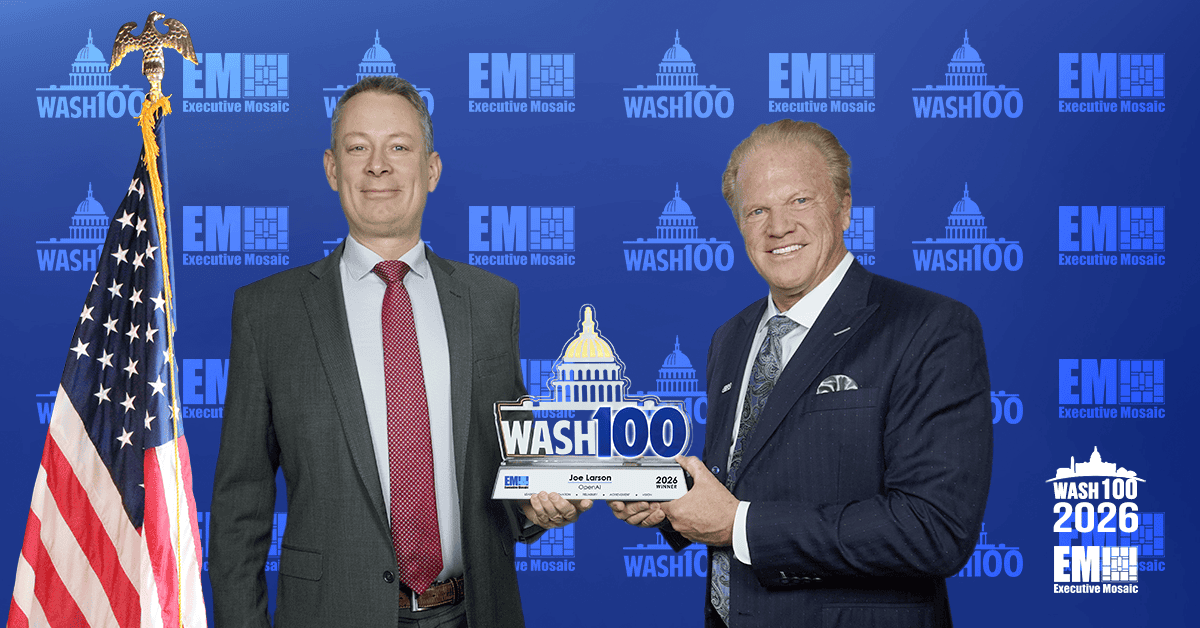 Joseph Larson, vice president and head of government at OpenAI, accepts the 2026 Wash100 Award from Jim Garrettson, CEO of Executive Mosaic.