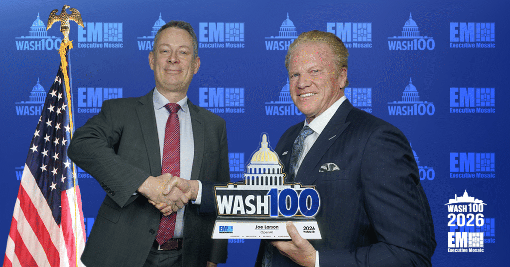 Joseph Larson, vice president and head of government at OpenAI, accepts the 2026 Wash100 Award from Jim Garrettson, CEO of Executive Mosaic.