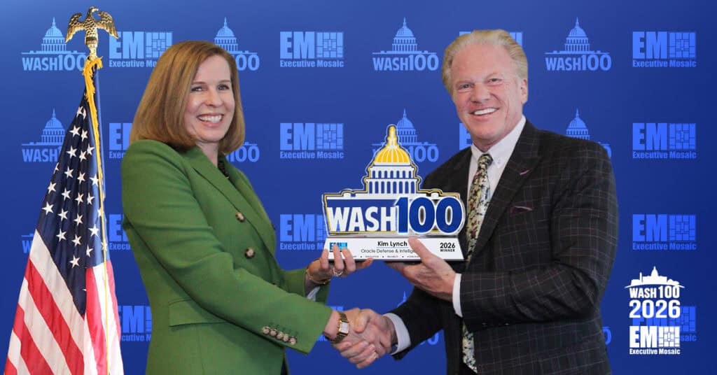 Kim Lynch and Jim Garrettson. Oracle EVP Kim Lynch received the 2026 Wash100 Award from Executive Mosaic CEO Jim Garrettson.