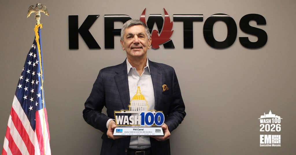 Phil Carrai of Kratos Defense & Security Solutions with the 2026 Wash100 Award.