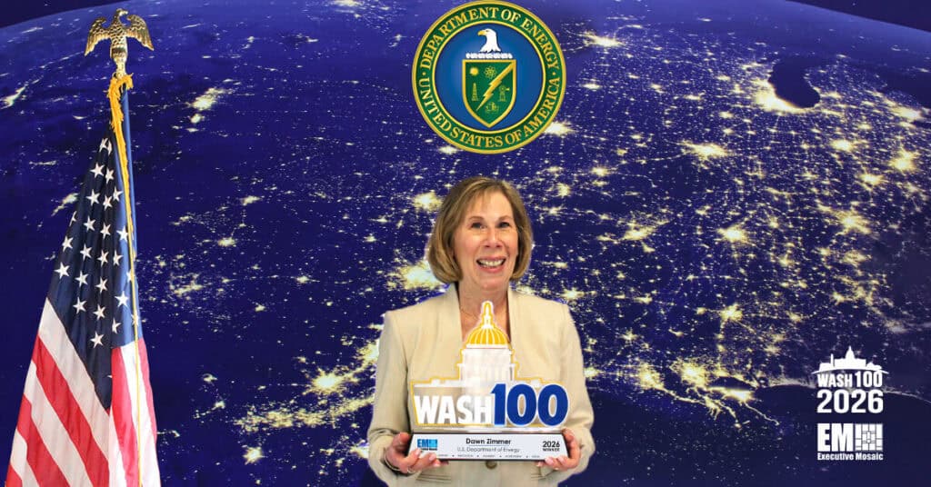 Dawn Zimmer. The Energy Department’s CIO accepted the 2026 Wash100 Award from Executive Mosaic CEO Jim Garrettson.