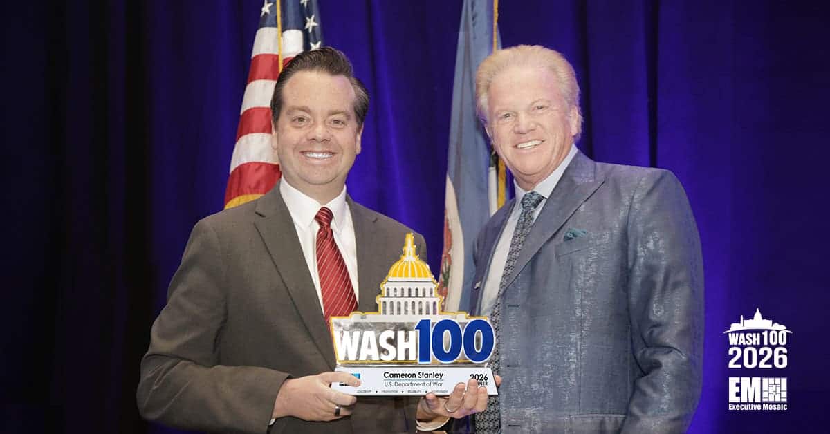 Cameron Stanley. The War Department's chief digital and AI officer accepted the 2026 Wash100 Award from Jim Garrettson.