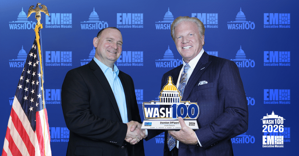 Damian DiPippa and Jim Garrettson. The Auria Space CEO received the 2026 Wash100 Award from EM CEO Jim Garrettson.