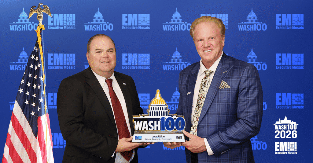 John Ustica and Jim Garrettson. The SGT CEO accepted the 2026 Wash100 Award from Executive Mosaic CEO Jim Garrettson.