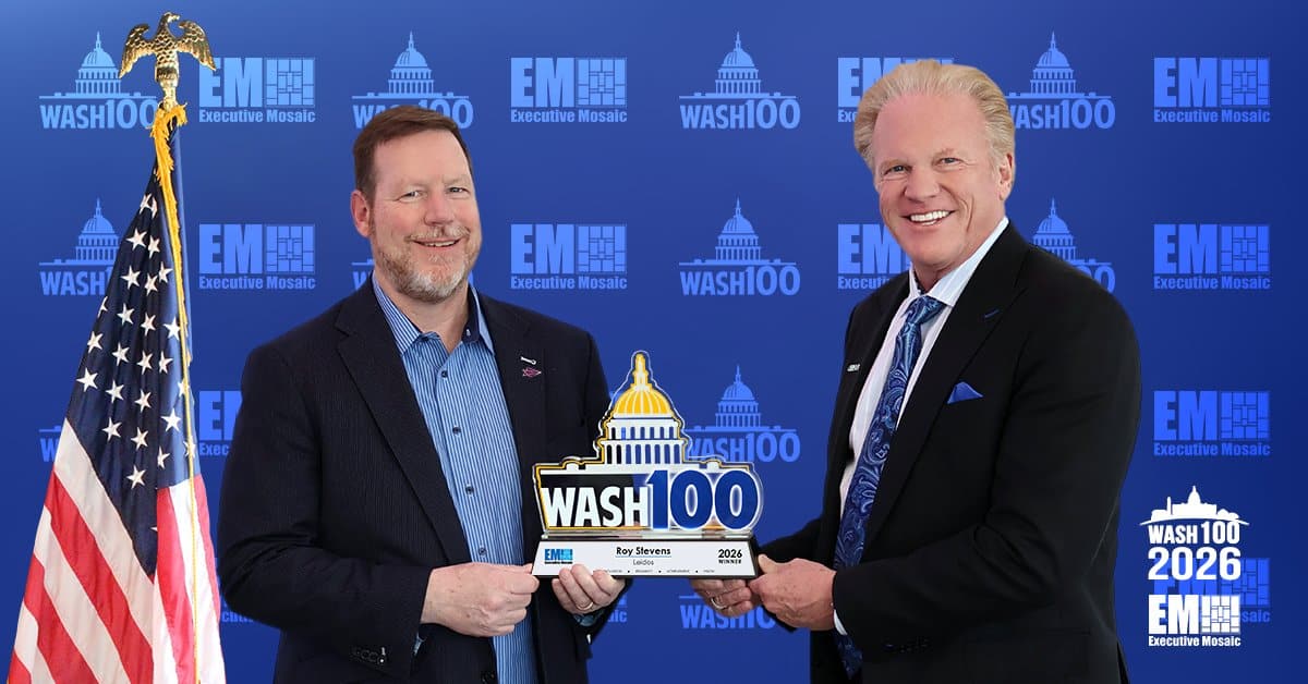 Roy Stevens & Jim Garrettson. Roy Stevens, corporate EVP at Leidos, accepted the 2026 Wash100 Award from EM CEO Jim Garrettson.