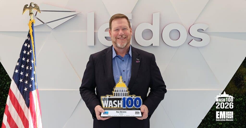 Roy Stevens. Roy Stevens, corporate EVP at Leidos, accepted the 2026 Wash100 Award from EM CEO Jim Garrettson.