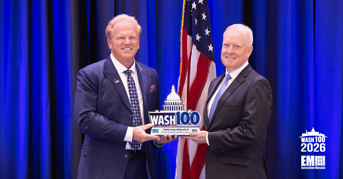 Frank Whitworth and Jim Garrettson. The r4 Federal CEO accepted the 2025 Wash100 Award from Executive Mosaic CEO Garrettson.