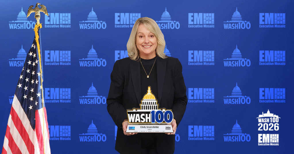 Cindy-Gruensfelder. The Leidos sector president received the 2026 Wash100 Award for driving defense tech innovation.