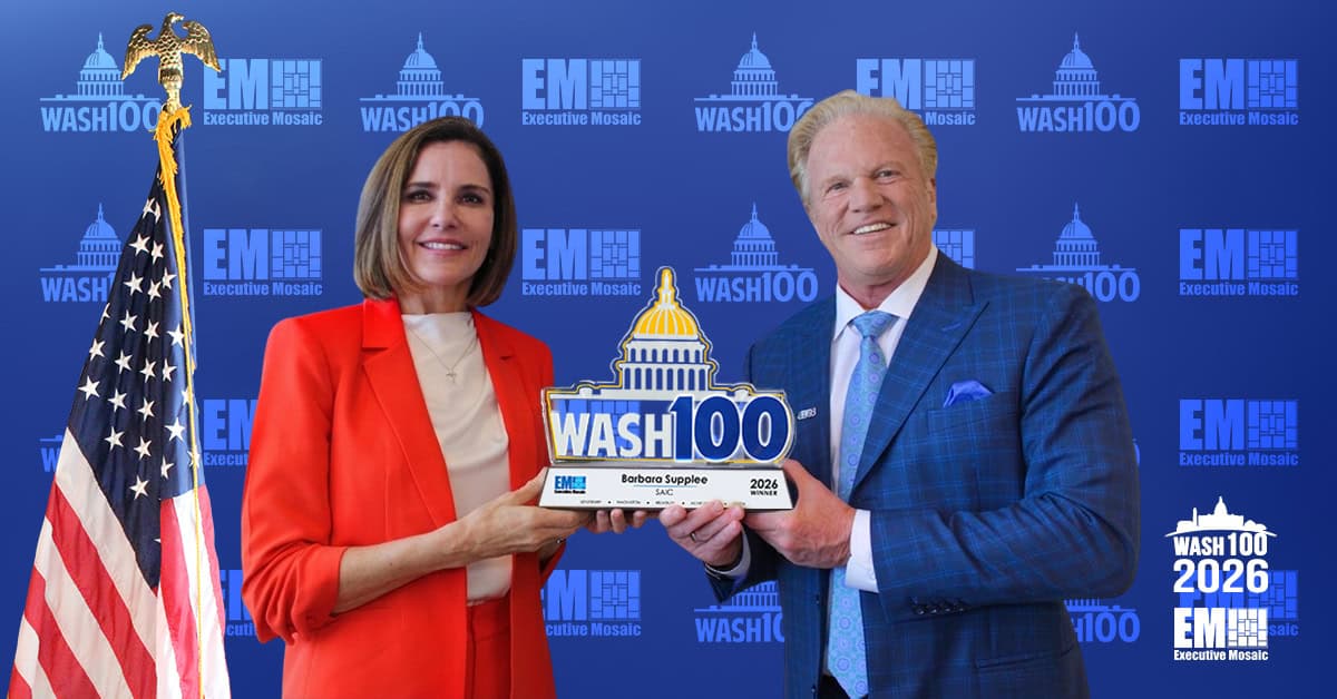 Barbara Supplee Jim Garrettson 2026 Wash100 Award Visit SAIC Barbara Supplee. Supplee accepted the 2026 Wash100 Award from Executive Mosaic CEO Jim Garrettson